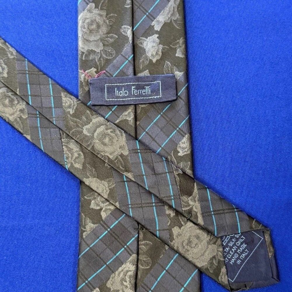 Italo Ferretti Silk Tie Gray Floral Plaid Blue Stripe Made In Italy 60.5" x 3.25